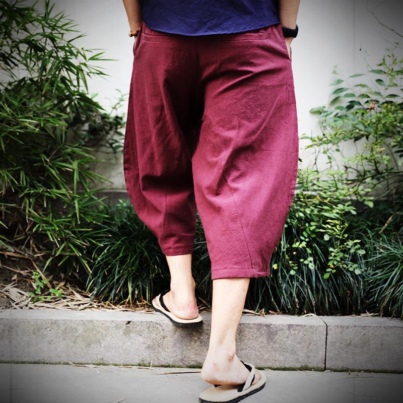 Men Cotton Linen Baggy Wide Leg Pants Men Hanging Crotch Hip Hop Bloomers Pants Men\'s Calf-Length Cross Pants Trousers