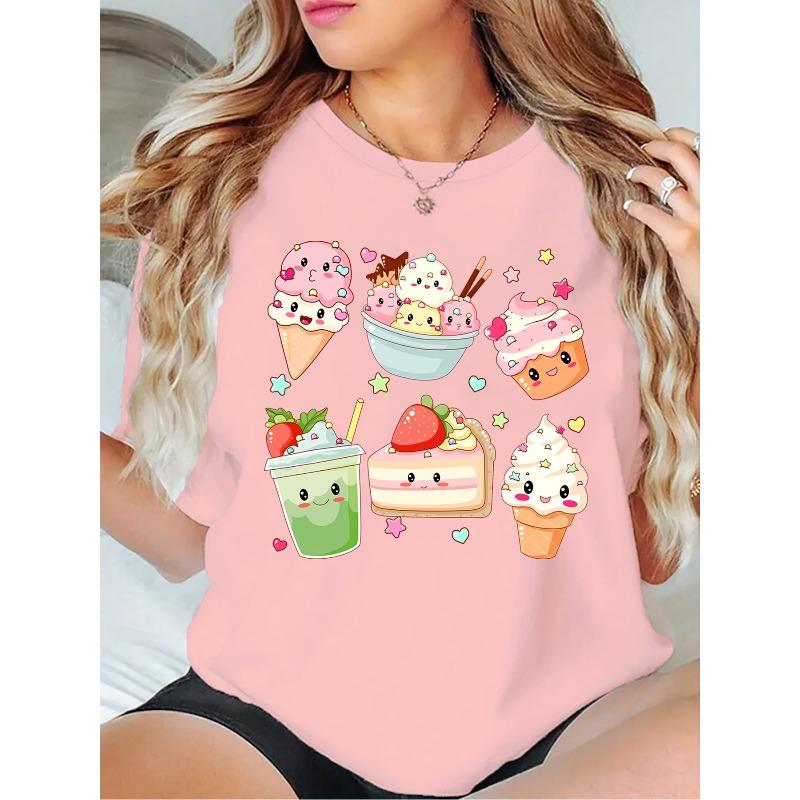New Spring and Summer Round Neck Hoodie T-shirt Cute Dessert Cartoon Printed Pattern Round Neck Hoodie Women's T-shirt