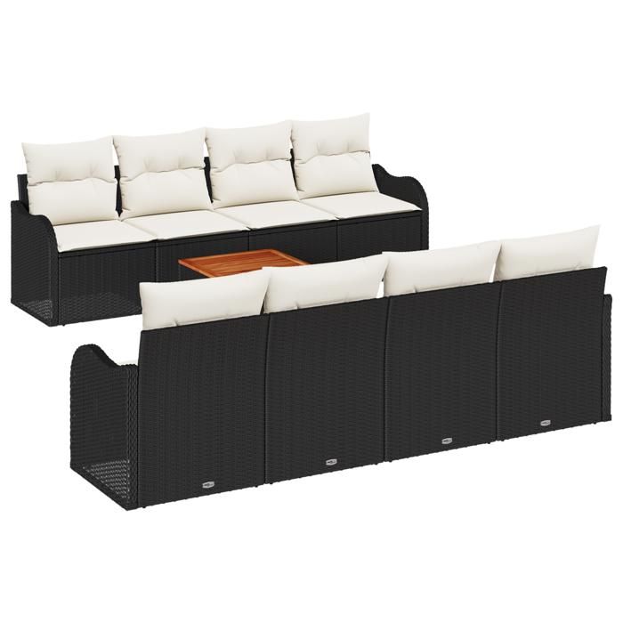 9-piece Garden Sofa with Cushions Black Poly Rattan Acacia, 2-seater Garden Sofa with Cushions Black Poly Rattan 3347425
