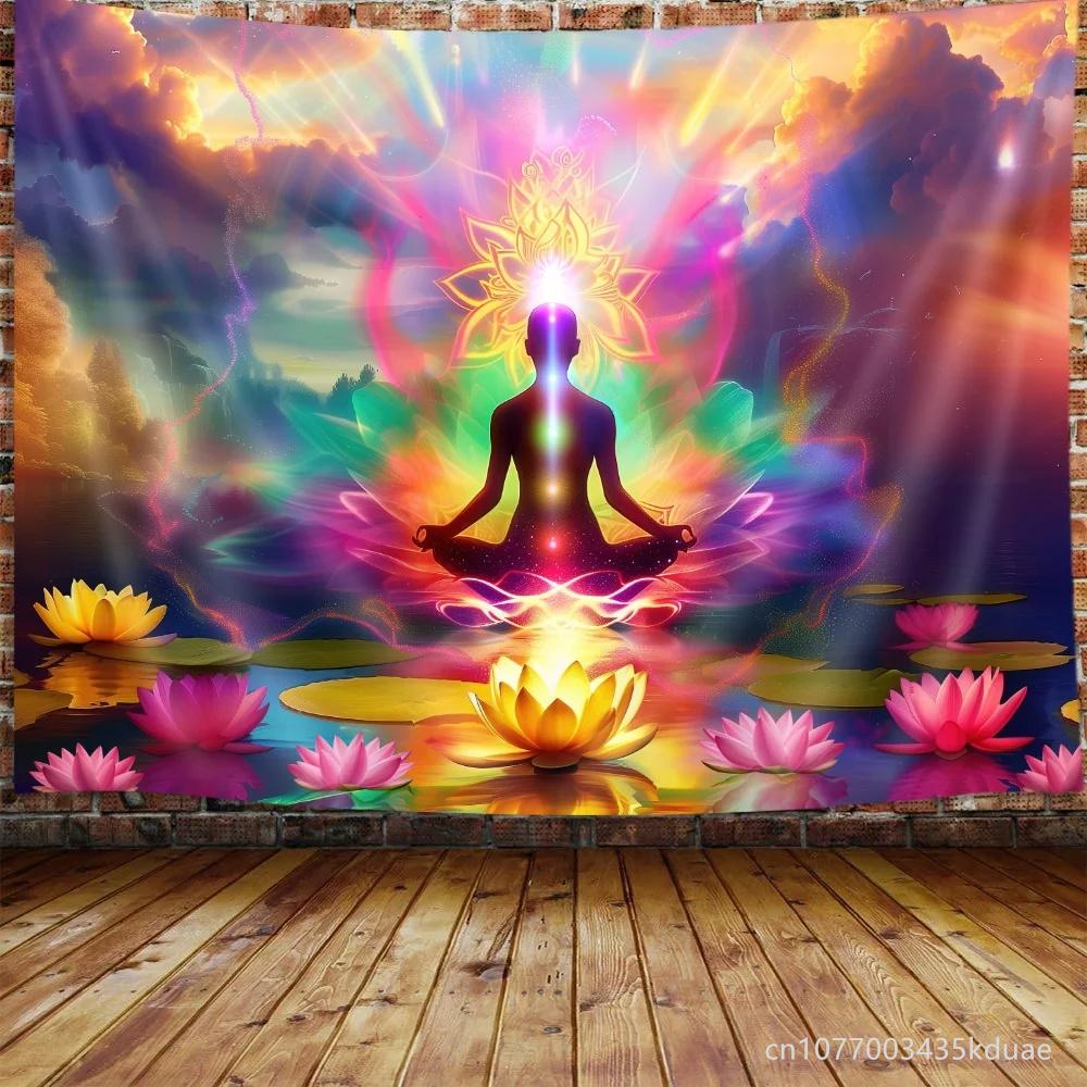 שבעת הצ'אקרות של הלוטוס שטיח תלוי על הקיר יוגה מדיטציה עיצוב הבית חדר שינה מעונות רקע בד באנר קישוט חדר