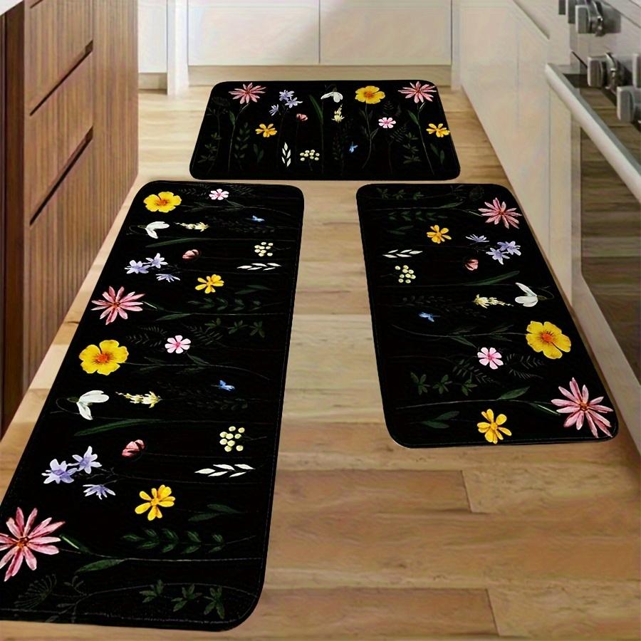 1Pcs Black Color Flower Pattern Floor Mat Modern Kitchen Polyester Rug Non-Slip Colorful Indoor Carpet, For Home Bathroom Bedroom Living Room Decor