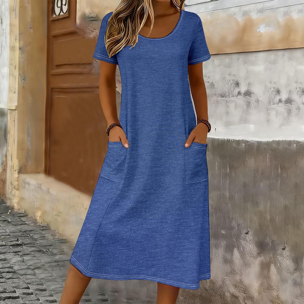 Women Casual Loose Fit Crew Neck Short Sleeve Midi Dress with Pockets Soft Fabric Comfortable Everyday Wear Suitable for Various Occasions