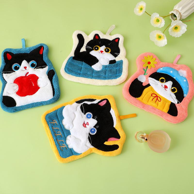Cartoon Coral Velvet Hand Towel For Kitchen Kawaii Cat Hand Wipe Cleaning Cloth Bathroom Hanging Towel Absorbent Clean Rag