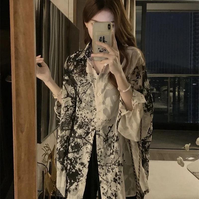 Summer Women's Long Sleeve Shirts Loose Tie Dye Gothic Streetwear All-match Casual Tops Students Blouses Vintage Spring