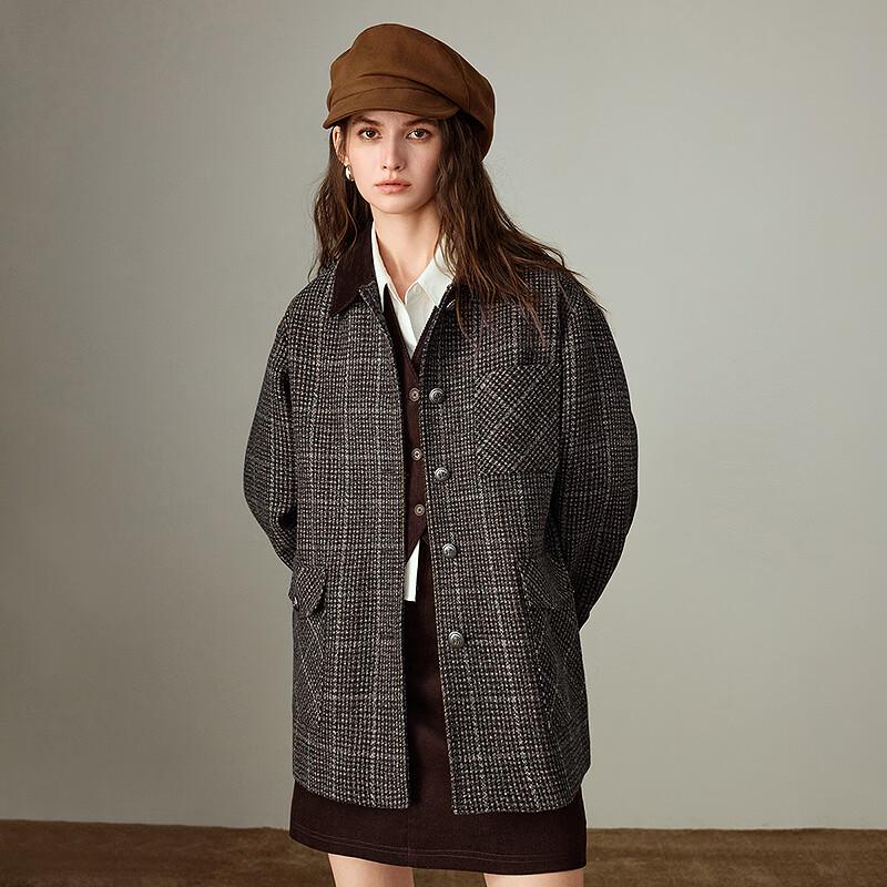 Chuyu Women's 100% Lamb Wool Plaid Tweed Corduroy Overcoat
