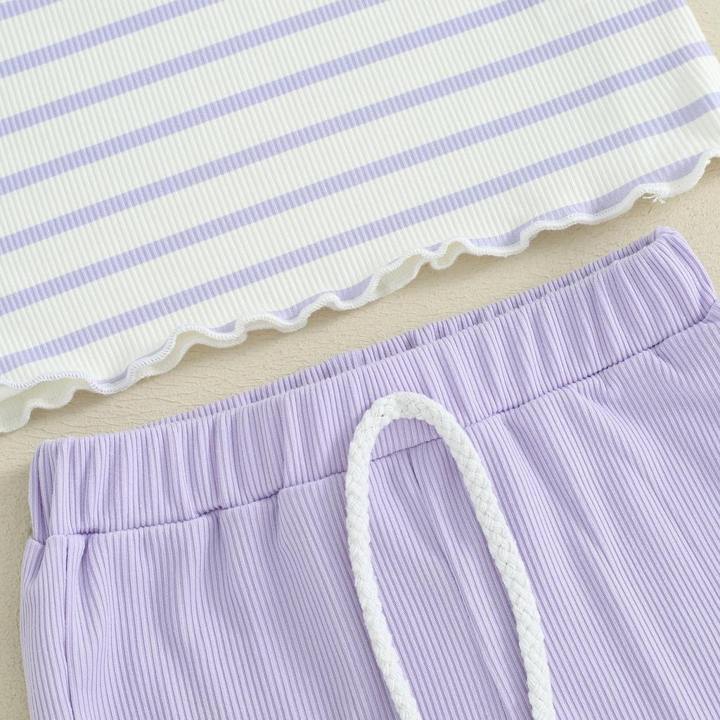 Little Girl 2 Piece Summer Set 6 12 18 24 Months 3 4 Years Round Neck Short Sleeve Striped Tops + Elastic Waist Wave Hem Shorts Infant Toddler Outfits