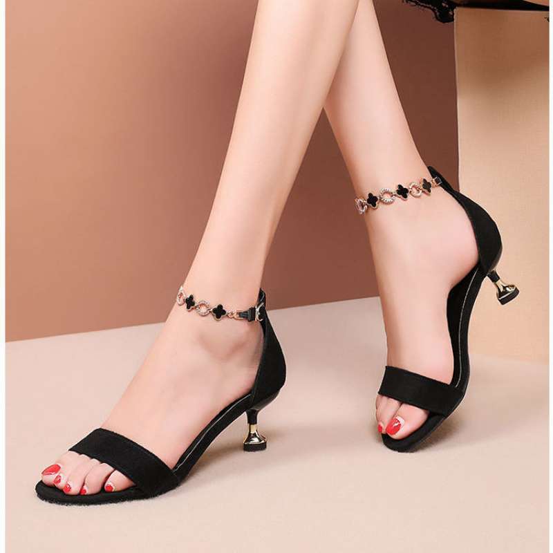 

Sandals, medium heel, fairy style 2025 new black high heels, thin heel, Korean version of versatile women s one-word button open toe 35