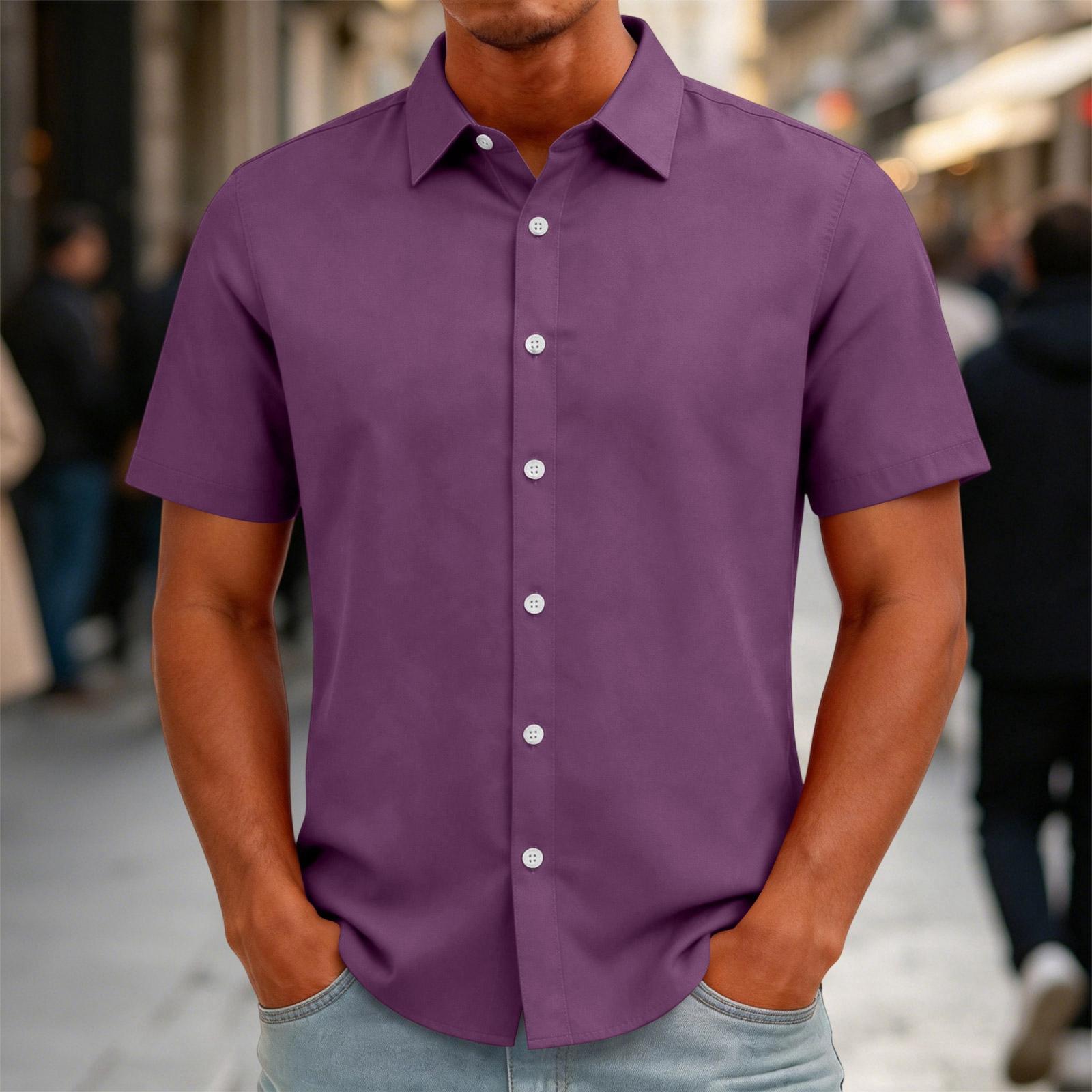 

Men s Short Sleeve Button Down Shirt Casual Loose Fit Lightweight Summer Daily Shirt with Collar and Front Button Closure M фіолетовий