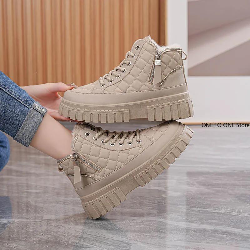 Móda 2025 Dámské zimní boty Nové vysoké dámské plyšové teplé studentské bavlněné boty na silné podrážce šněrovací zvyšující výšku bavlněné boty