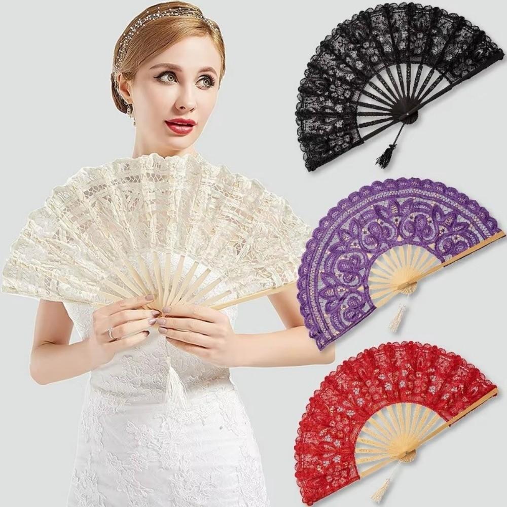 Hollow Ribs Vintage Lace Hand Fan Tassel Pendant Dance Handheld Fan Wedding Party