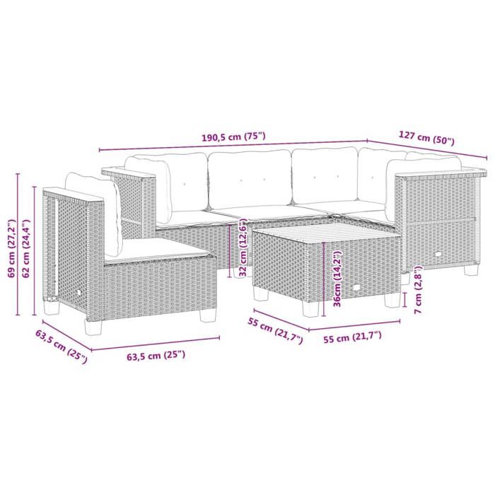 VidaXL Garden Lounge Set 6 Pcs with Grey Cushions Wicker 3261840