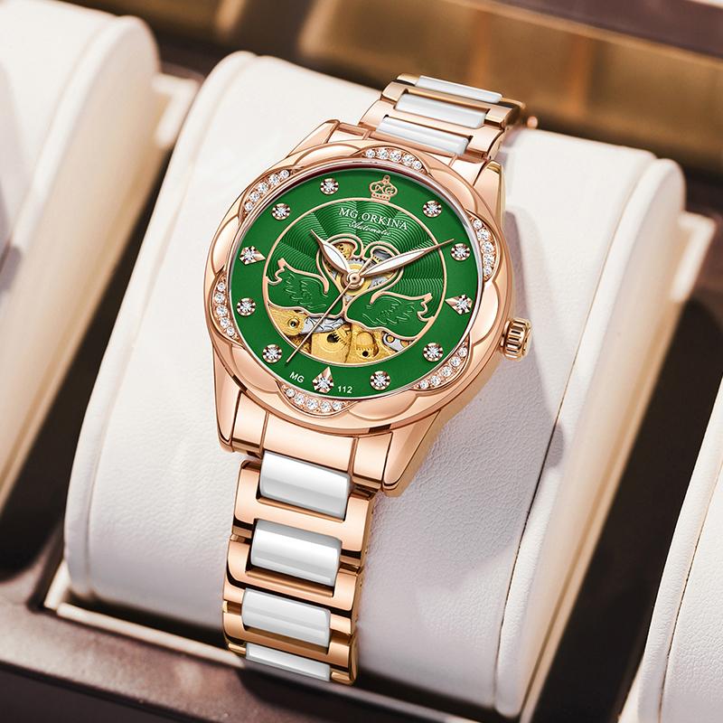 ORKINA Green Lady Automatic Mechanical Watch Luxury Brand Women Wristwatch Fashion Skeleton Clock Senhoras Assistir Reloj Mujer
