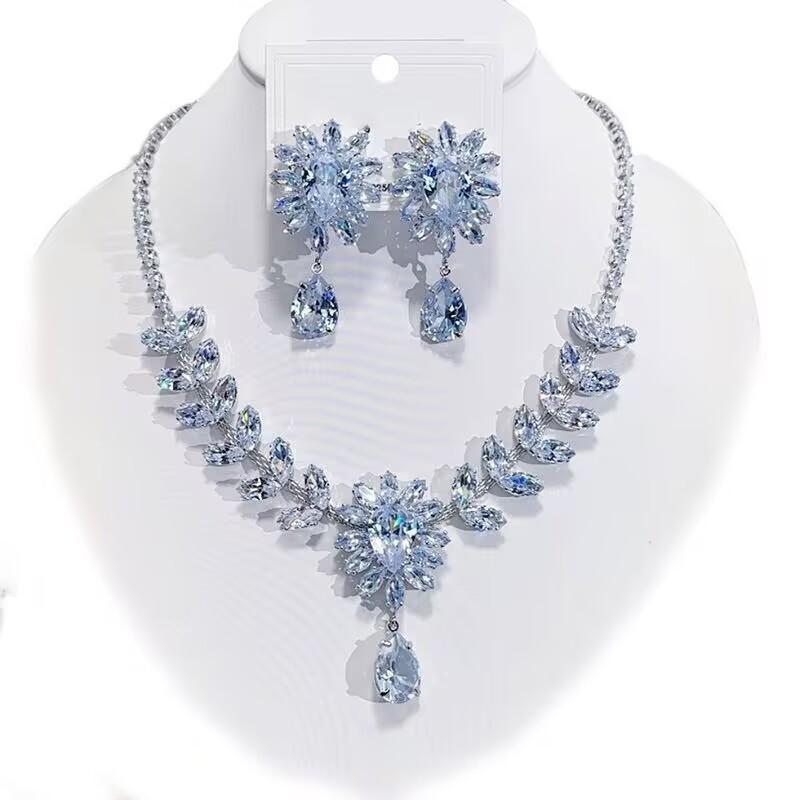 Color Zircon Luxury Necklace Earrings Set Premium Silver Needle Earrings Zircon Necklace