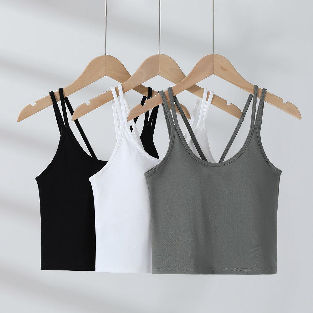 Summer Double Strap Cropped Camisole - Comfortable Solid Color Vest with Built-in Bra & Stylish Back Design
