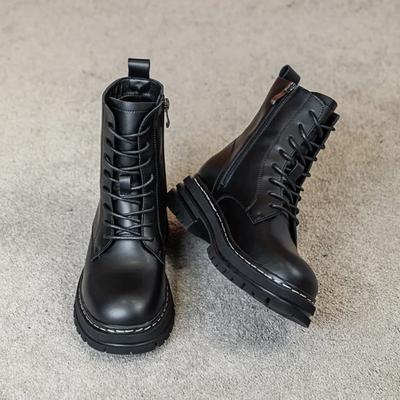 Stivali Neri Cerniera Stivali Neri da Donna Autunno Inverno Suola Spessa Aumento di Altezza Stivaletti Corti da Moto da Donna Scarpe con Plateau