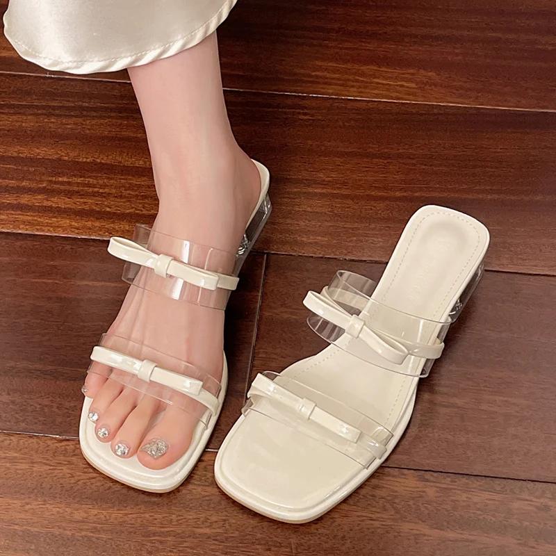 Mode Beige Transparente Sandalen mit quadratischem Absatz Damen Party Bankett Schleife High Heel Schuhe Frau Sommer PVC Quadratische Zehe Sandalias Mujer
