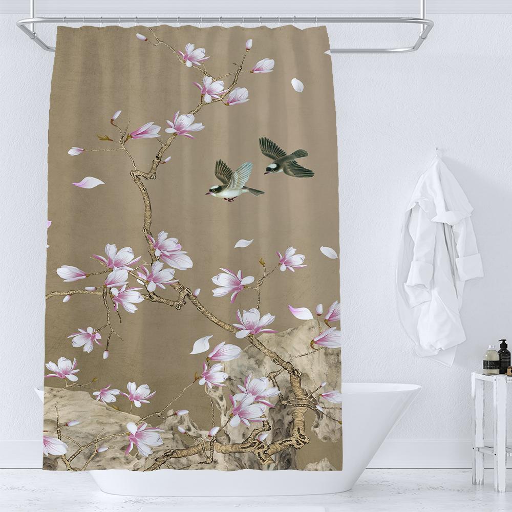 Watercolor Floral and Birds Floral Shower Curtain with Hooks - Waterproof and Minimalist Design for Bathroom Home Decor Curtain