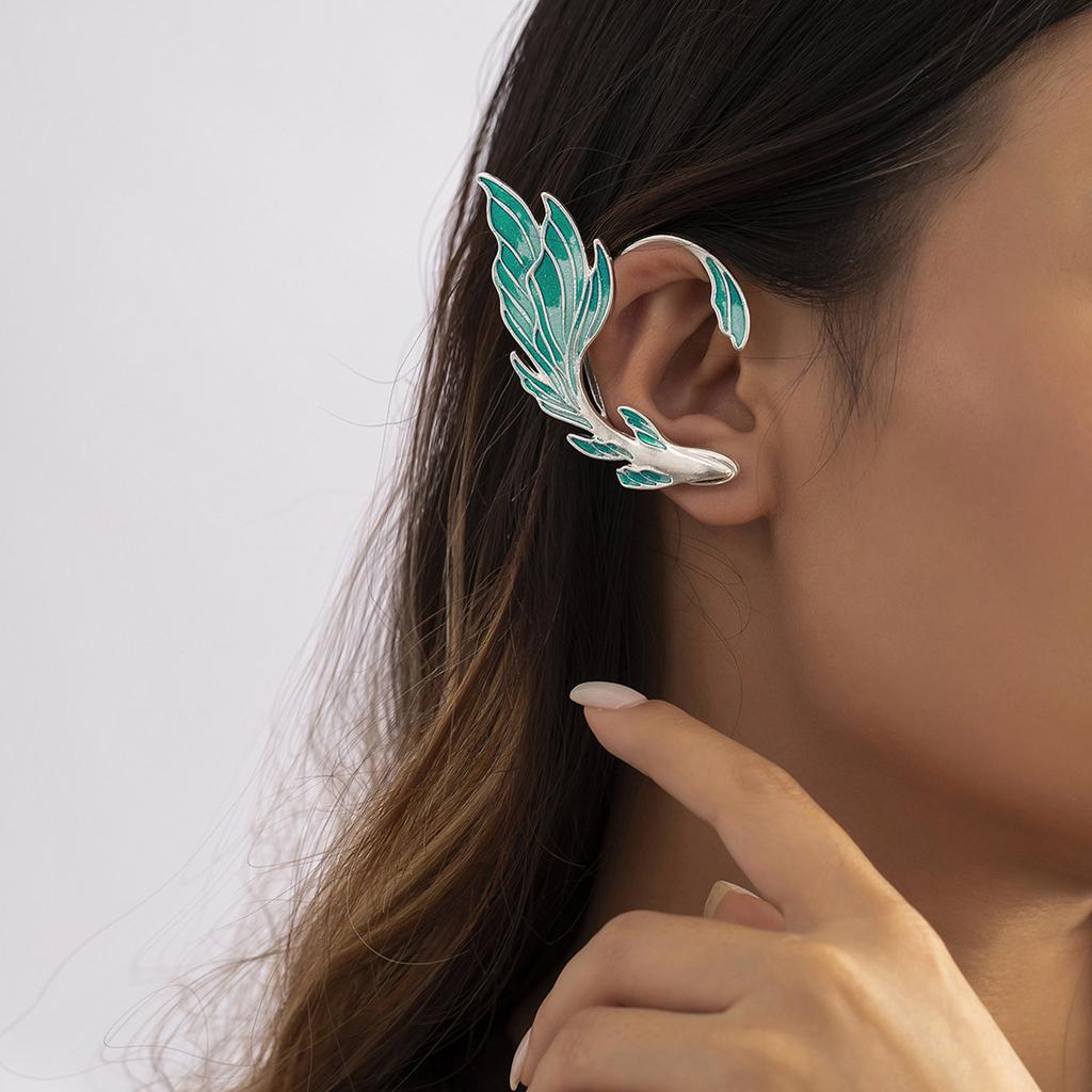 Elf Ear Cuff Earrings Gradient Blue Pierced Ear Wrap Studs Unique Gold-fish Shape Design Fashionable Jewelry for Girls