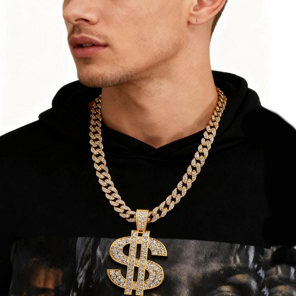 Exaggerated US Dollar Sign Hip Hop Necklace with Diamond Inlays - Trendy Alloy Pendant for Men