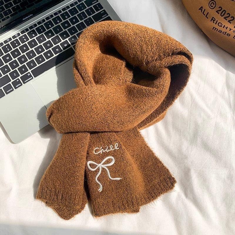Winter Warm Knitted Scarf Selected Autumn and Winter Wool Blended Monochrome Embroidered Scarf Women's New Versatile Parent Child Style