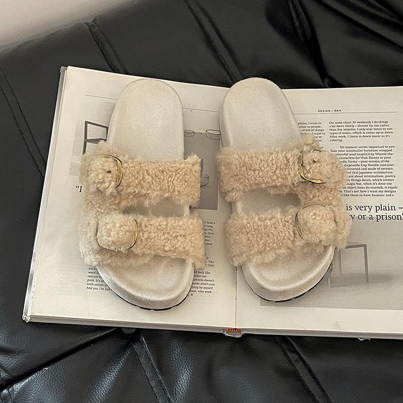 Piaohong versatile retro style buckle one-word fluffy slippers women's 2025 autumn and winter new outer wear home open-toed cotton shoes