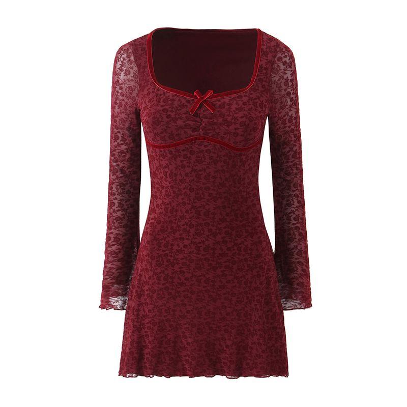 

Motelrock Wine Dai Rose Pure Desire Sexy Retro Flocking Floral Long Sleeves Dress Silm Slim Looking Skirt Wine red flocking floral (square collar) L