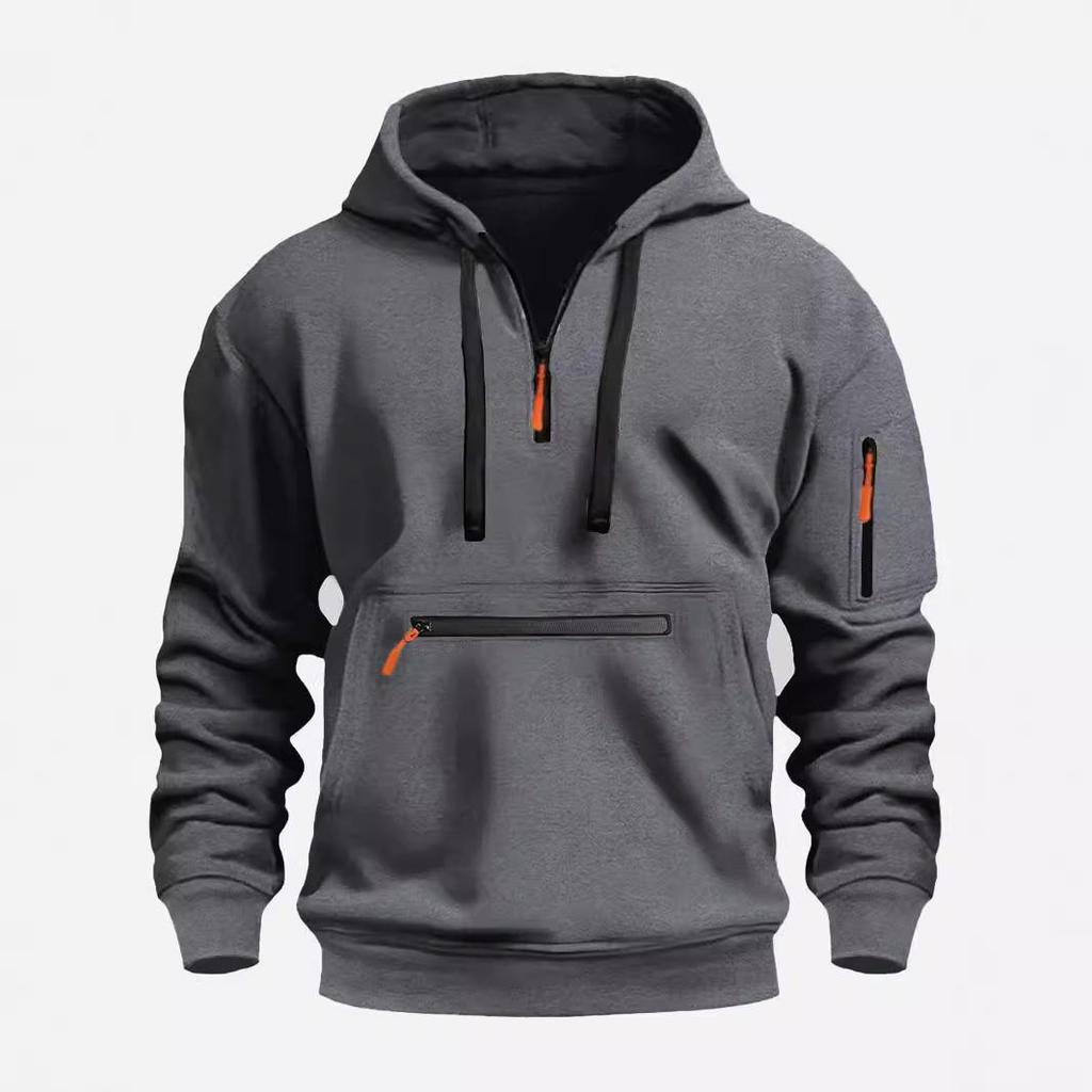 Cross-Border European Autumn/Winter Men's Multi-Pocket Zipper Pullover Sport Casual Hoodie