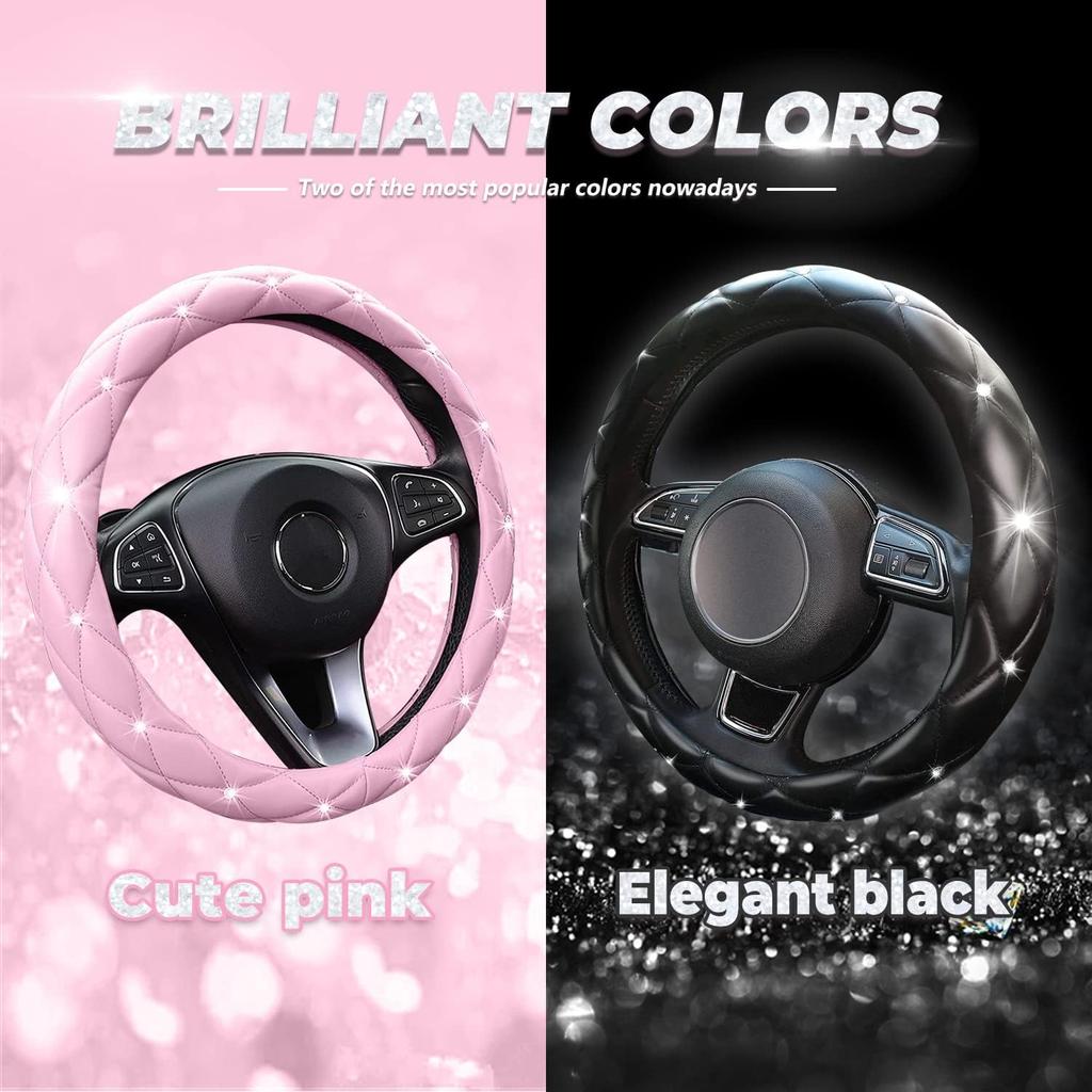 Cute Sparkly Black Car Steering Wheel Cover, Soft Breathable Anti-Slip PU Leather Steering Wheels Covers With Diamond Bling Rhinestone,Universal