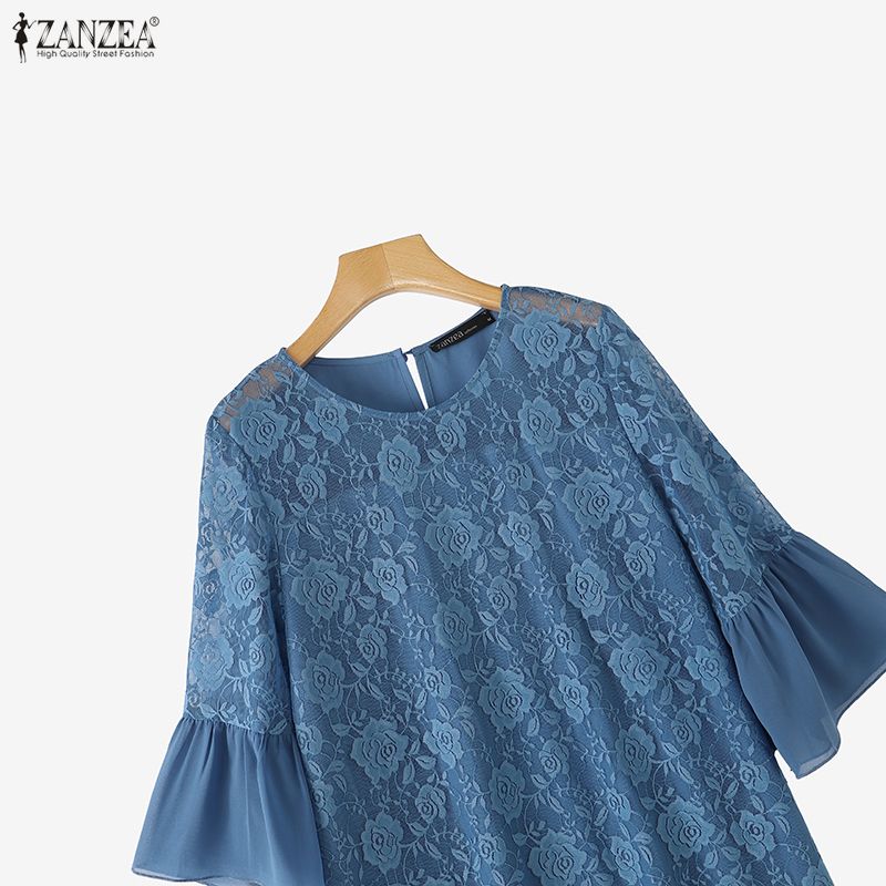 ZANZEA Women Casual Round Neck 3/4 Sleeve Elegant Lace Patchwork Dress