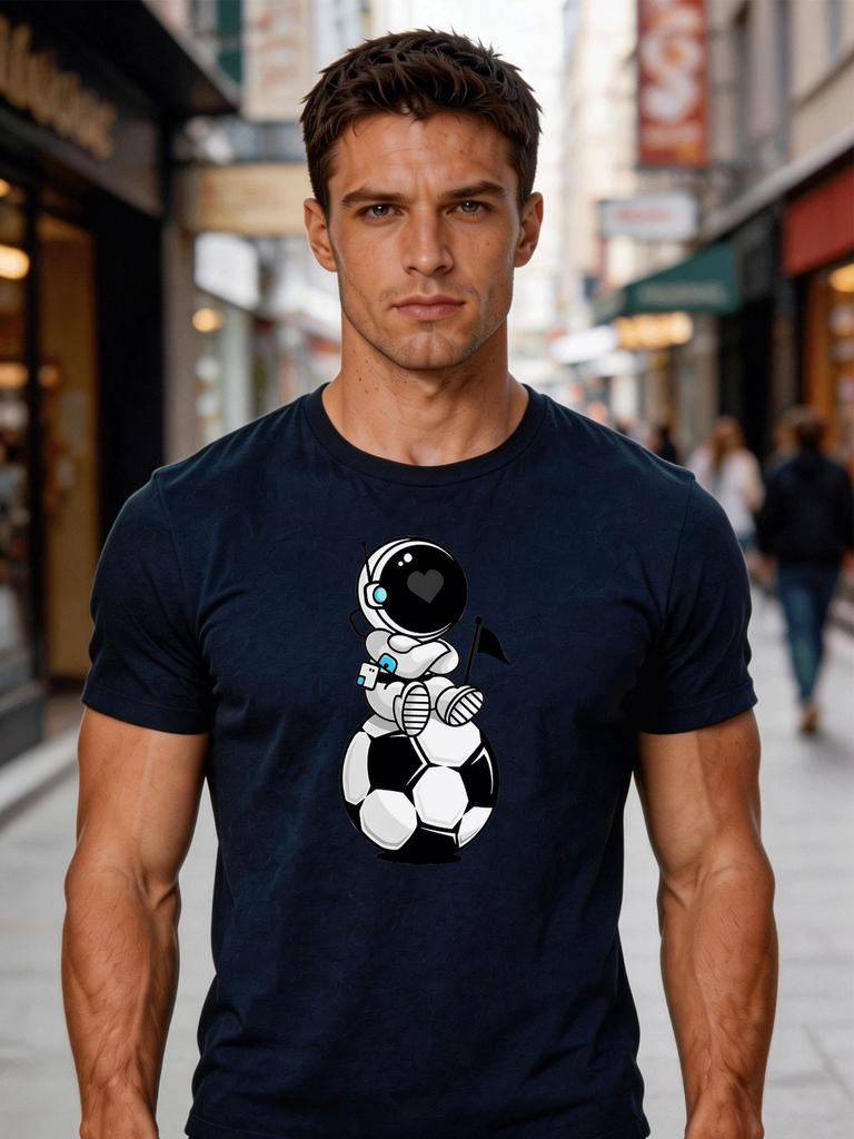 Unisex Crew Neck Tee Astronaut Football Cartoon Front Print Short Sleeve Oversized Male Daily Casual Soft Breathable Basic Wear Top