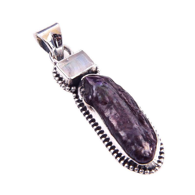 Natürliche Biwa-Perle, Regenbogen-Mondstein, 925er Sterling-Silber-Anhänger, 4,3 cm, b6L85