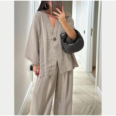 Completo Pantalone Oversize Monocolore Casual da Donna Camicia a Manica Lunga Singolo Bottone Scollo a V Set Estivo Casual Streetwear da Donna