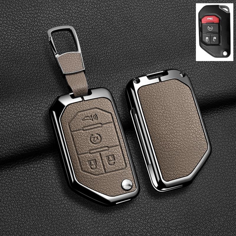 Convient Pour Jeep Gladiator Jt Sahara Jlu Wrangler Jl Rubicon Alliage de Zinc Cuir Véritable 2 3 4 Boutons Housse Étui Porte-clés pour Clé de Voiture Accessoires Auto