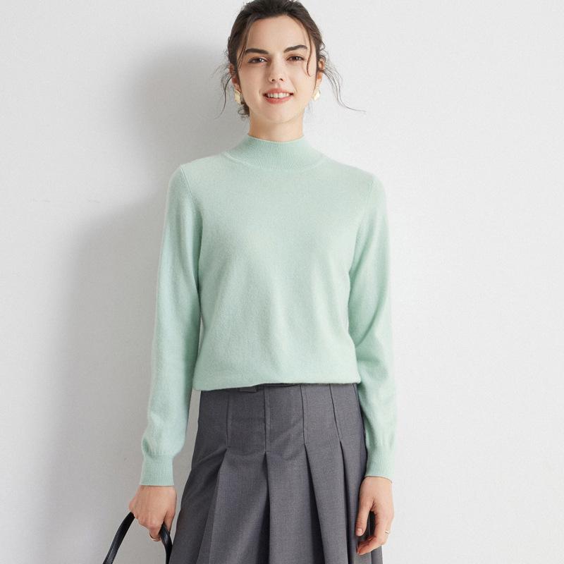 Women's 100% Pure Cashmere Half-High Neck Long Sleeve Sweater - Autumn/Winter Knit Base Layer Pullover
