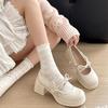 Fashion Temperament French White Bow Thick Heel High Heels Women's 2025 New Spring and Autumn Skirt Mary Jane Shoes