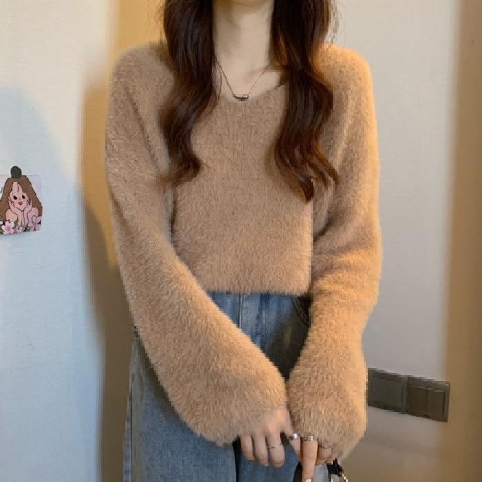 Winter Women's Clothing Knitted Sweater Soft Sticky V-neck Pullover Top Long Sleeve O Neck Loose Mink Fur Pullovers