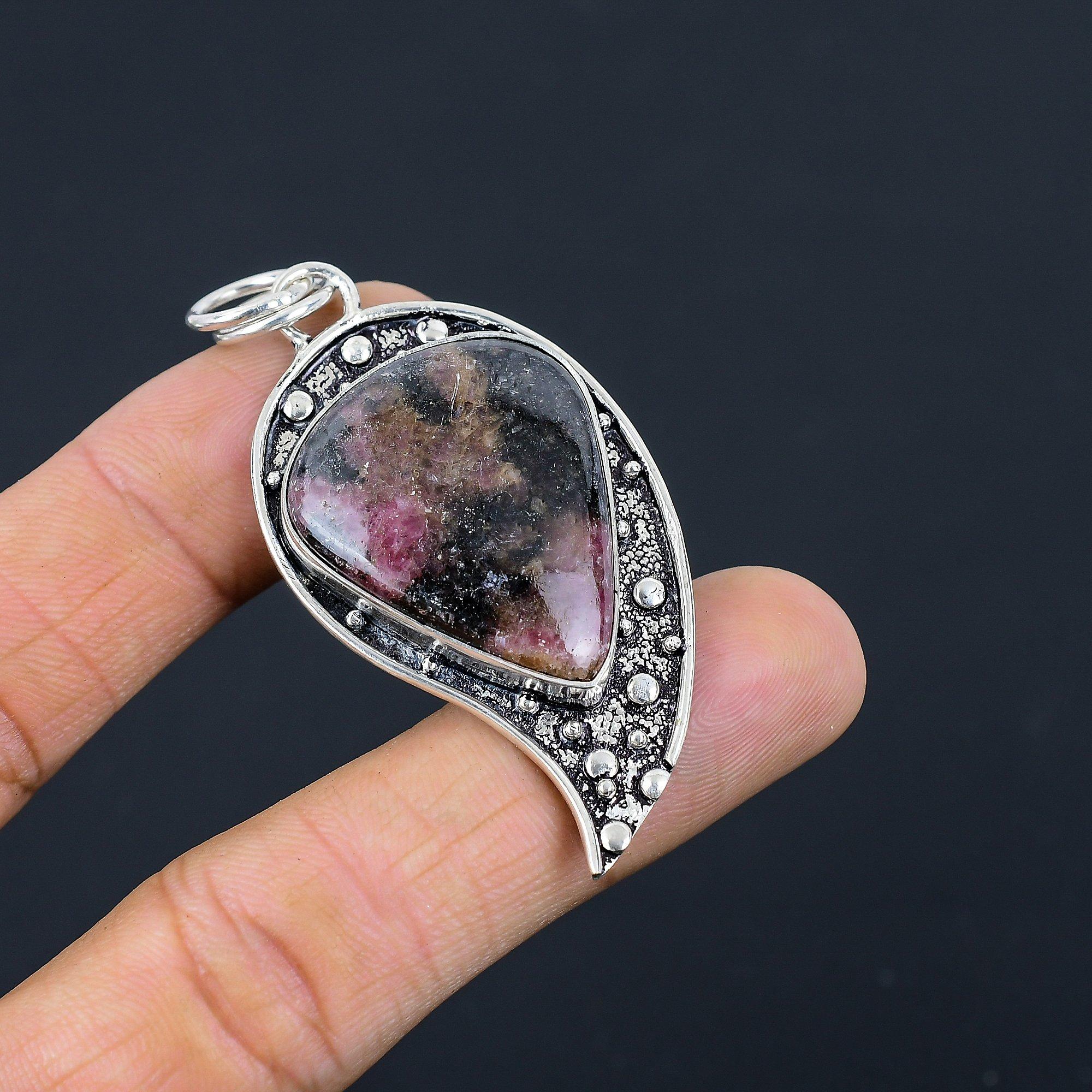 

Natural Rhodonite Gemstone Pendant Pink 925 Sterling Silver Indian Jewelry