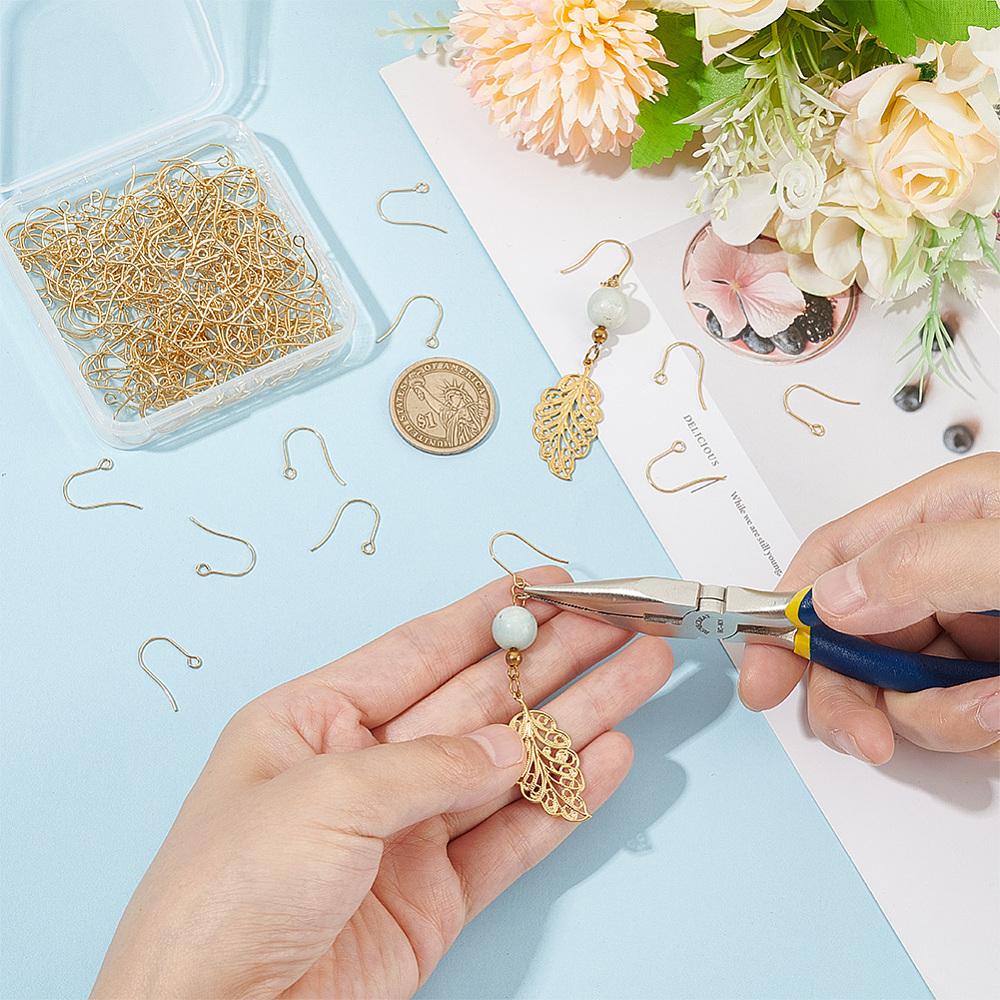 200Pcs 304 Stainless Steel Earring Hooks, Ear Wire, with Horizontal Loop, Real 18K Gold Plated, 18x15mm, Hole: 2mm