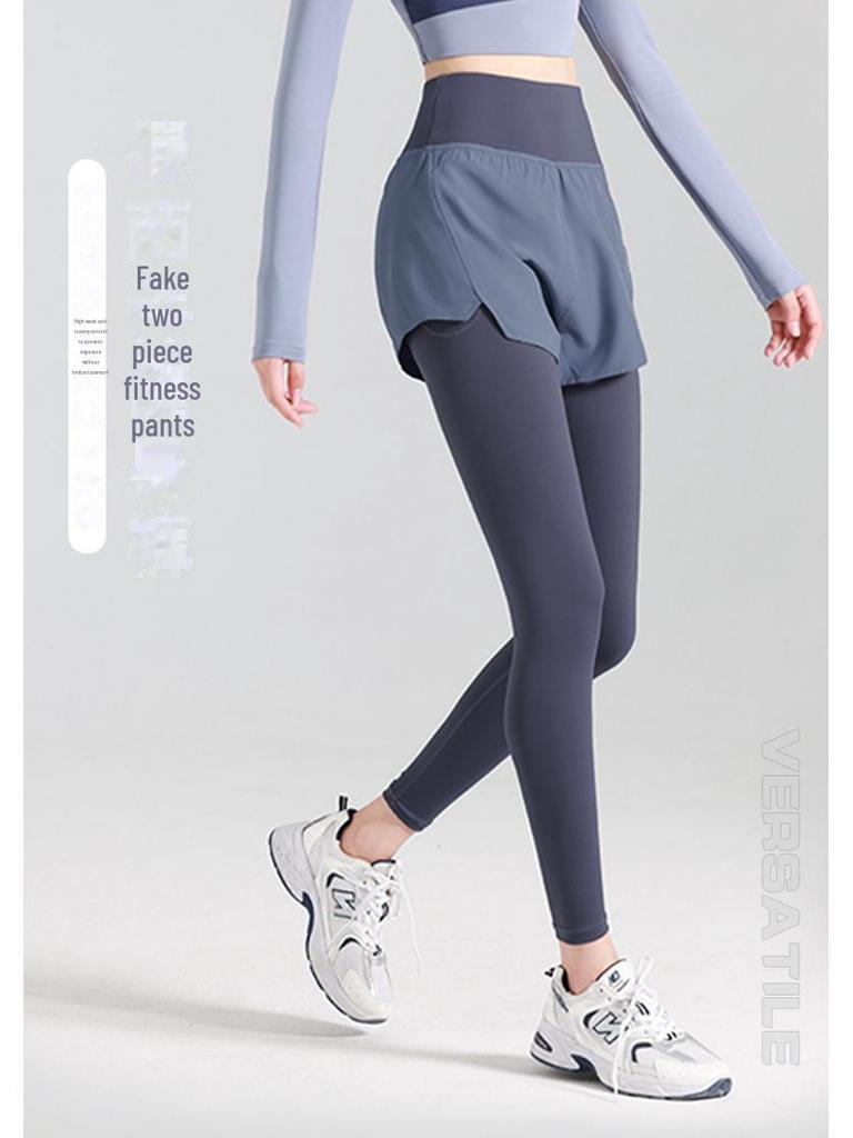 Juyitang High-Waist Two-in-One Yoga Pants with Pockets for Slimming & Hip-Lifting