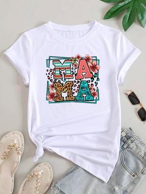(Asian Size) Women Tee Top Clothing Flower Mom Mother Style Cute Casual Short Sleeve T Shirt Fashion Print Lady Female Graphic T-shirts