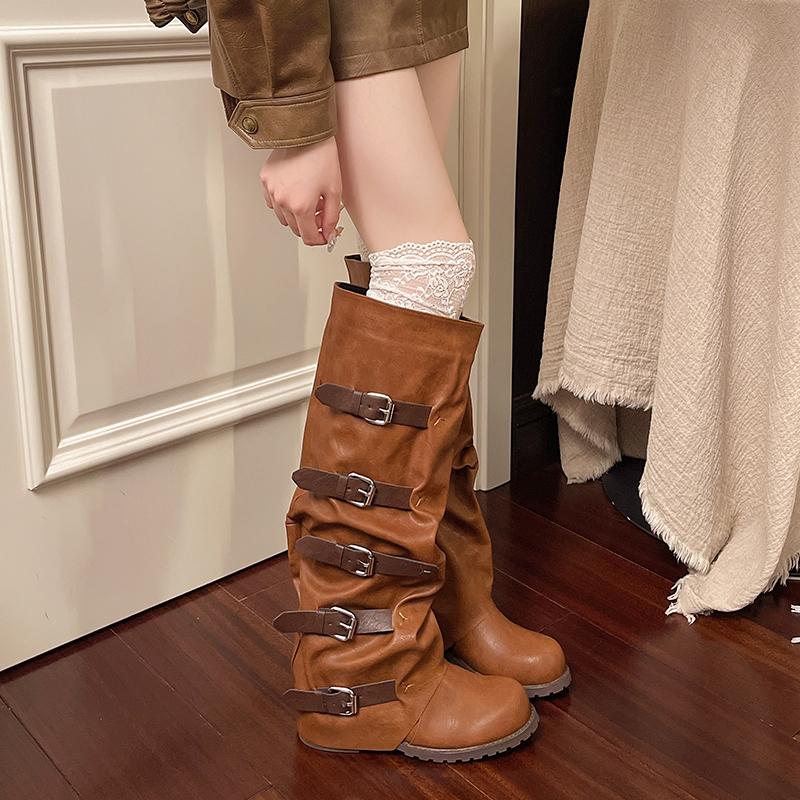 Fashion 2025 Retro Belt Buckle Pleated Knight Boots Women Round Toe Splicing Side Zipper Mid Calf Western Boots Winter New Modern Boots