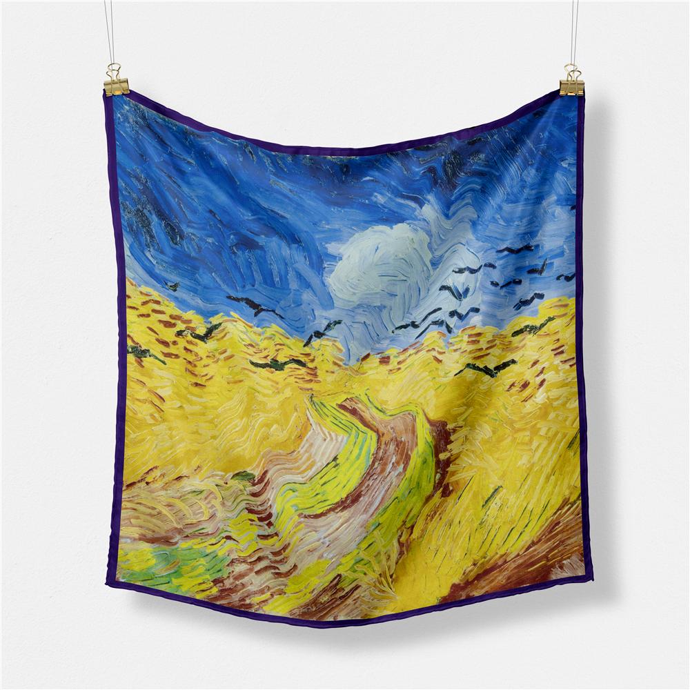 POBING Twill Silk Scarf Women Oil Painting Square Scarves Wraps Bandana Small Hijab Lady Foulards Tie Headband Neckerchief 53CM