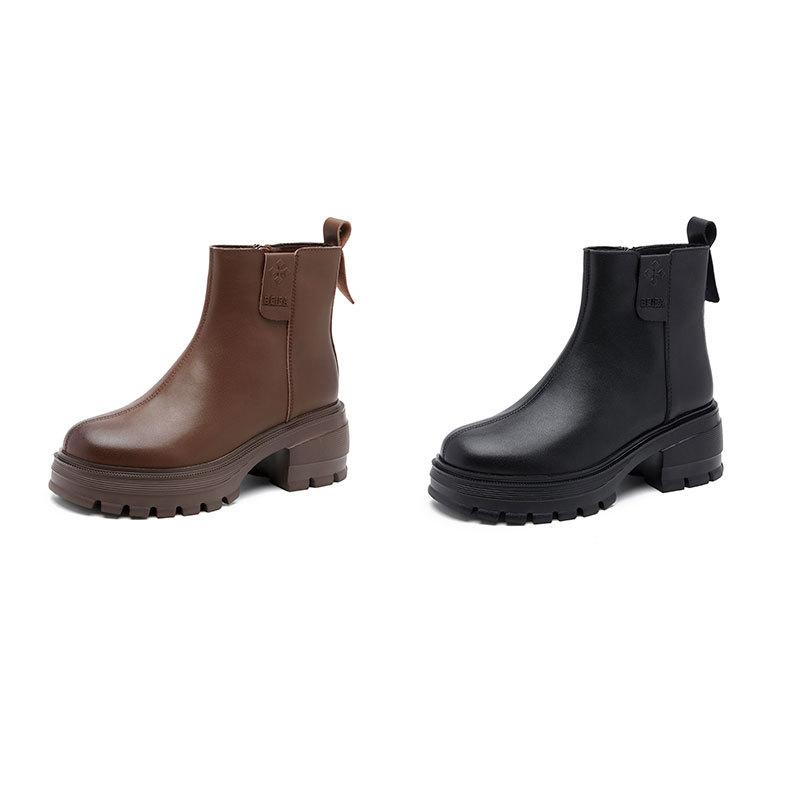 Autumn and winter leather high-heeled Martin boots women's platform short boots retro slim knight boots British versatile medium women's boots
