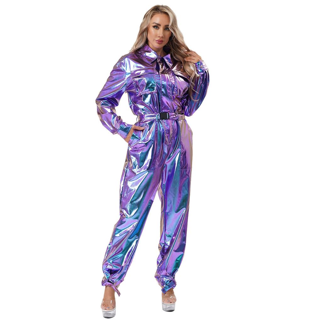 Damen Halloween Jumpsuit Overalls S-3XL: Glänzender Metallic-Body mit Umlegekragen & Gürtel, High-Waist Kostüm