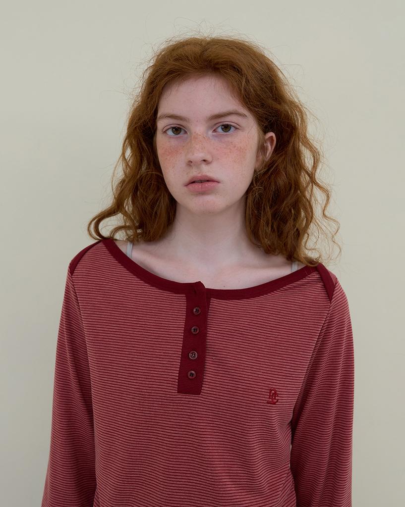 Nokeontencheu 227. Boat Neck Striped Tee _ Burgundy