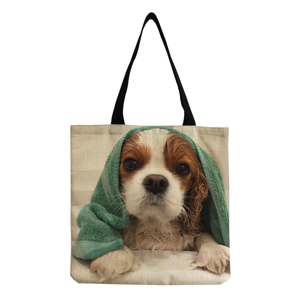 Damen Vintage Leinen-Tragetasche - Große Kapazität Hundeprint Schulter-Handtasche für Freizeit & Lebensmitteleinkauf KTB