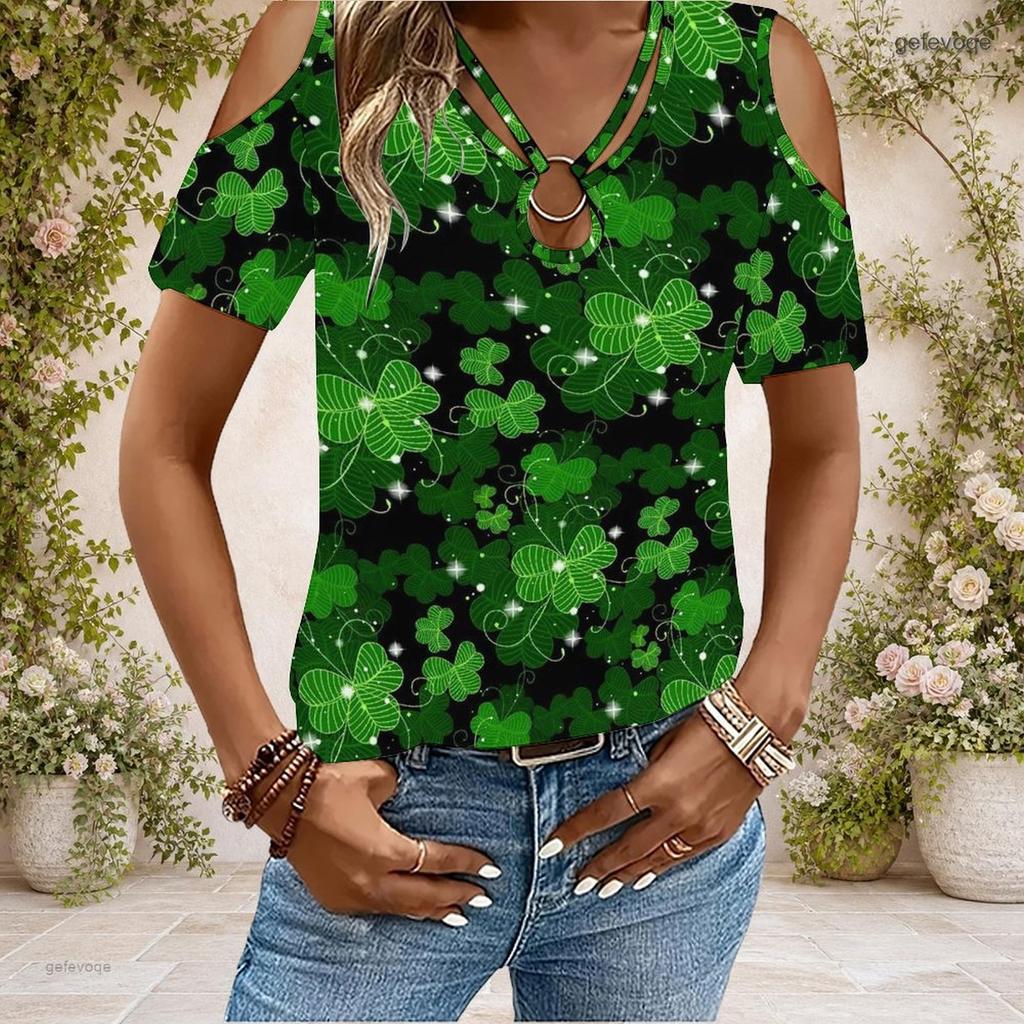 Women Plus Size Keyhole Ring Neck Cold Shoulder Geometric Printed Short Sleeve Top
