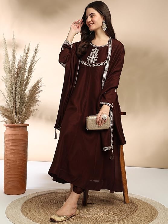 Women s Silk Embroidered Anarkali Kurta and Pant with Dupatta Set | 3 Piece Ethnic Kurta Set for Women S