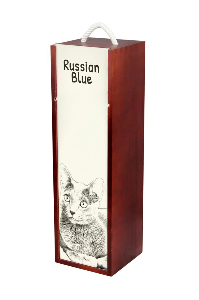 Russian Blue - Wine Box with a Cat, Alcohol Box with Graphics, Personalized Gift Box from the Art-Dog Brand