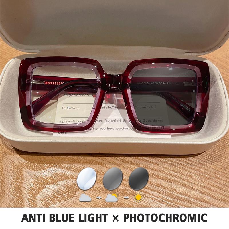BLMUSA Square Photochromic Blue Light Blocking Large Frame Eyeglasses fashion Reading Glasses ladies Prescription Myopia Glasses